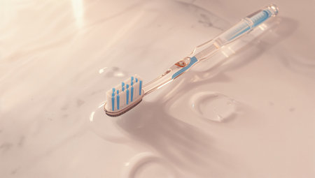 A toothbrush rests on a bathroom counter beside droplets of water. The bristles are clean, and the setting shows the light of morning. This scene captures daily hygiene habits.の素材