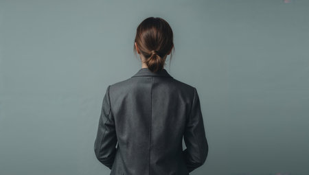 A person is facing away from the camera while standing against a plain wall. They are wearing a dark suit and appear to be in a professional environment during the day.の素材