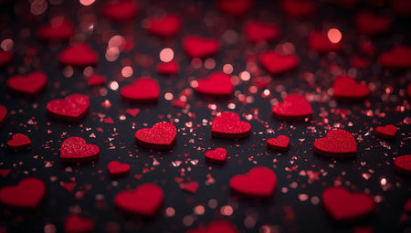 Small red hearts and shiny decorations are spread across a dark surface. The scene is arranged for a party or celebration, creating a festive atmosphere.の素材