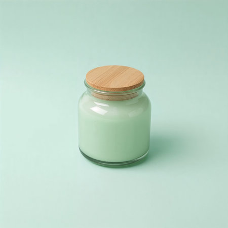 A green jar rests on a white textured wall. The jar has a wooden lid and appears to be empty. The setting highlights the contrast between colors and materials.の素材
