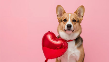 A corgi stands still while holding a red heart balloon in its mouth. The background is pink, creating a lively and cheerful setting for this playful moment.の素材