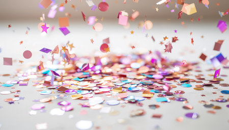 Confetti of different shapes and colors falls onto a flat surface. People around to gather to celebrate a special occasion, enjoying the moment filled with joy and laughter.の素材