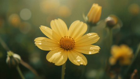 A yellow flower stands out with water droplets on its petals. The setting features green foliage and shows clear spring weather during the daytime.の素材