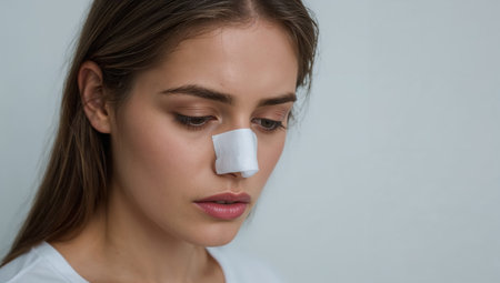 A young woman looks down while applying a nose strip. She is focused on her skin care routine in a simple setting with a light background.の素材
