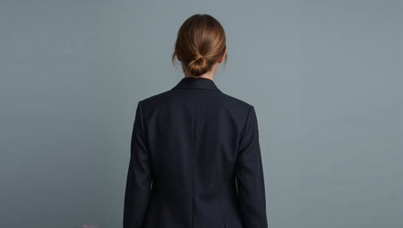 A person is facing away from the camera while standing against a plain wall. They are wearing a dark suit and appear to be in a professional environment during the day.の素材