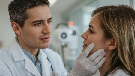 A doctor examines a patient in a medical office. The doctor wears gloves while looking closely at the patients face.の素材