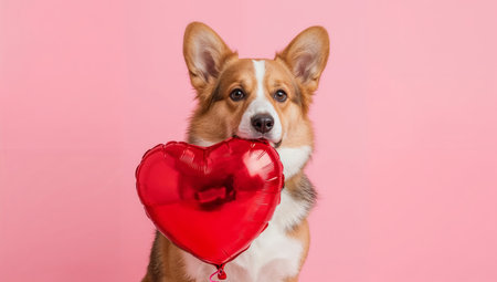 A corgi stands still while holding a red heart balloon in its mouth. The background is pink, creating a lively and cheerful setting for this playful moment.の素材