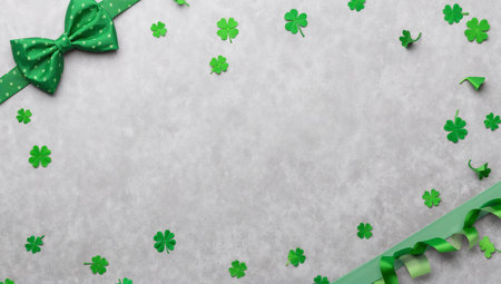 Bright green bows and paper clovers are scattered on a light surface, creating a festive look. The arrangement shows ribbons and small decorations perfect for a celebration.の素材