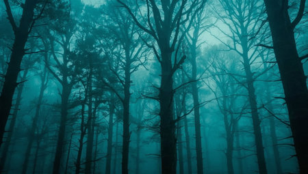 Tall trees stand in a dense fog, creating a mysterious setting. The forest features many trunks with dark branches reaching upward. The morning light is faint.の素材
