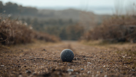 A round object sits on a dirt path surrounded by dry grass and soft earth. The scene includes a blurred background of trees and hills under a clear sky in daylight.の素材