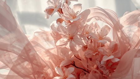 A bunch of pink flowers is arranged and covered by soft fabric. The light filters through, highlighting the delicate petals.の素材