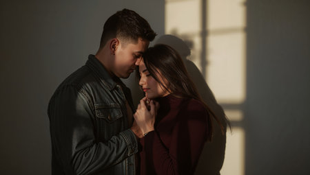 A couple stands close together in a room with natural light shining through the window. They smile warmly at each other, enjoying a moment of connection.の素材