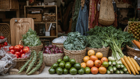 A market stand shows a variety of fresh fruits and vegetables. Baskets hold colorful items like tomatoes, oranges, and greens. People pass by in the busy market.の素材