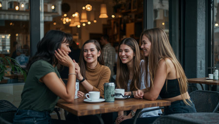 Four friends stand close together at a market. They smile and pose for a photo while people and tents are seen in the background. Bright sunlight fills the scene.の素材
