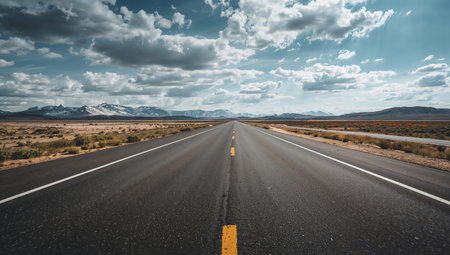 A long road runs through a desert area with dry grass and mountains in the background. The sun shines brightly in the clear sky, marking a warm day for travel.の素材