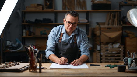 A man works at a desk in a workshop. He holds a pen and draws on a sheet of paper. Tools and various materials are scattered on the table. Light comes from overhead lamps.の素材