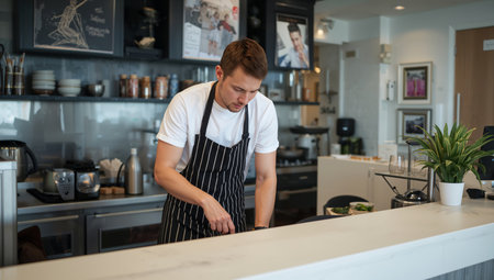 A chef works in a modern kitchen, focusing on preparing meals during the day. The restaurant is busy, with various kitchen tools and ingredients visible.の素材