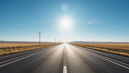 A long road stretches ahead with a bright sun shining in a clear blue sky. Fields expand on both sides, leading towards hills in the distance.の素材