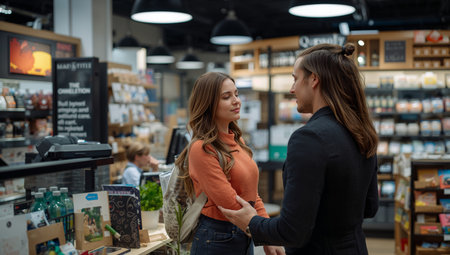 A man and a woman stand close together in a bookstore. They talk while surrounded by shelves filled with books. Other shoppers are present in the background.の素材