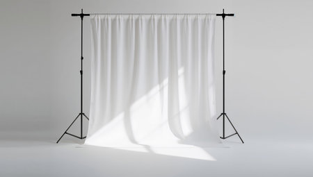 A photo studio shows a white backdrop and lighting equipment. The space is prepared for a photoshoot. Equipment like softboxes stands ready on either side of the backdrop.の素材