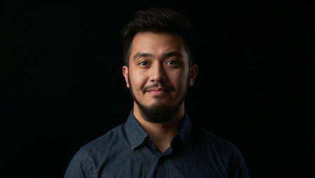 A man stands with a slight smile in front of a dark background. He has a beard and wears a blue shirt. This scene takes place indoors during the evening.の素材
