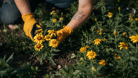 A person is tending to a flower bed in a backyard. They wear yellow gloves and are focusing on plants and flowers. The sun is shining on the garden area.の素材