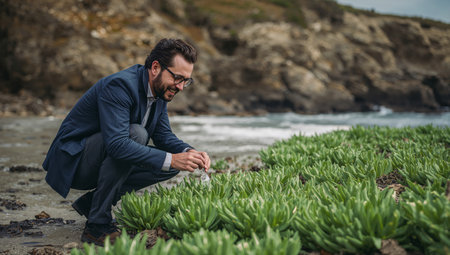A man is kneeling on the beach and inspecting green plants growing near the waters edge. The ocean is visible in the background. Soft waves are rolling in as he works.の素材