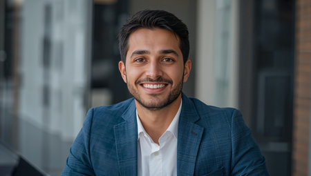A man in a blue suit sits outside with trees in the background. He smiles at the camera. The sun is shining, and it is daytime. The scene shows a natural environment.の素材