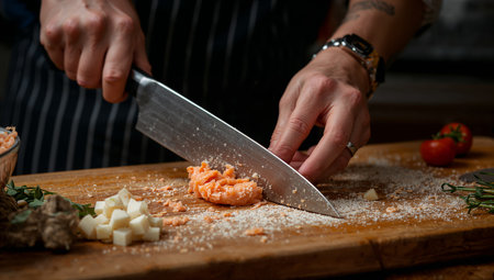 A chef is chopping salmon on a wooden cutting board in a kitchen. Fresh ingredients like tomatoes and cheese are nearby. The chef focuses on the task with a knife in hand.の素材