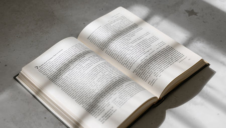 A book lies open on a table. Shadows from objects nearby create patterns on the pages. Sunlight enters the room and brightens the scene throughout the afternoon.の素材
