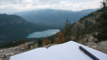 A notebook lies open on a rock with mountain ranges in the distance. The sun shines in a clear sky, highlighting the beauty of nature during the day.の素材