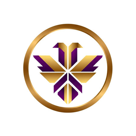 Vector illustration of a gold and purple abstract arrow in a circle.の素材