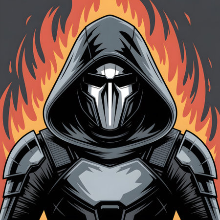 Illustration of a black ninja warrior with a hood on a fire backgroundの素材