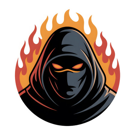 Vector illustration of a black ninja with a hood in the fire.の素材