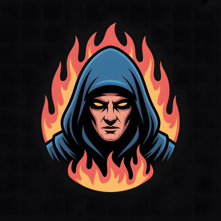 Hooded man in the fire. Vector illustration on a black background.の素材
