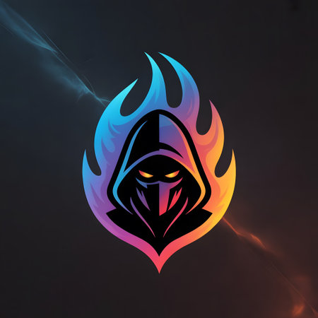 Vector illustration of a hooded warrior with a sword in the fire.の素材