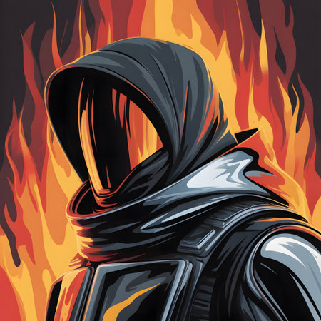Illustration of a black hooded man in front of a fireの素材