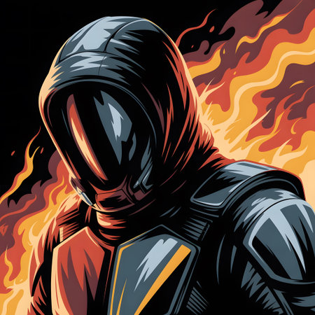 Vector illustration of a black man in a gas mask on the background of fire.の素材