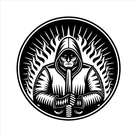 Black and white illustration of a hooded hooded man holding a saberの素材