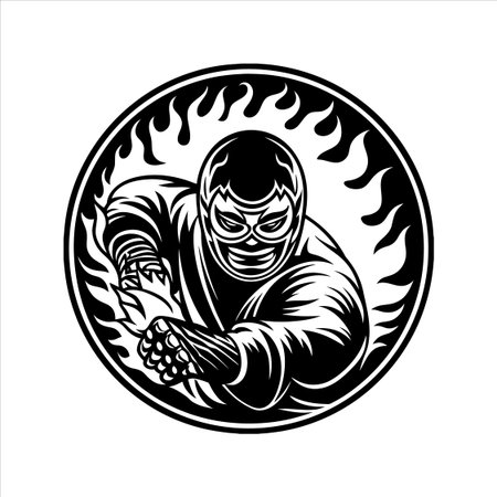 Black and white illustration of a ninja warrior holding a gun in his hand.の素材