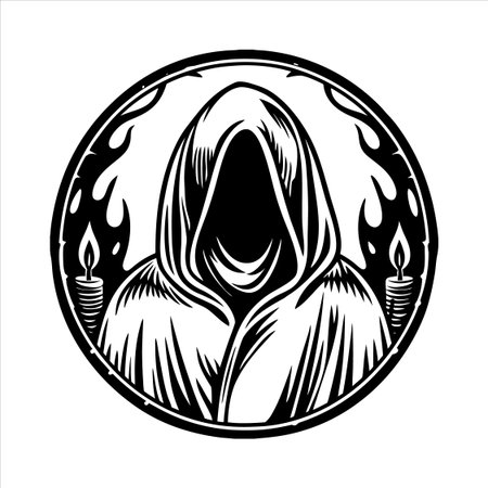 Black and white illustration of a witch with a candle in her hands in a circleの素材