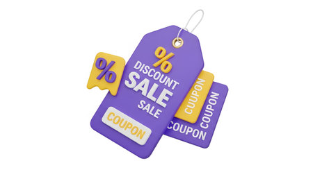 Discount tags isolated on white background. 3D rendering. Sale and discount concept.の素材