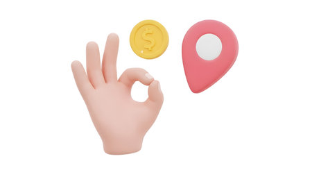 Hand with location pin and coin, 3D rendering isolated on white backgroundの素材