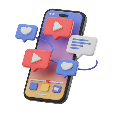 smartphone with social media icons isolated on white background. 3d rendering.の素材