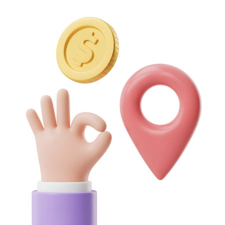 Hand with a gold coin and a map pointer. Vector illustration.の素材
