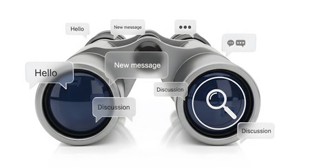 3d render of binoculars with magnifying glass on white backgroundの素材