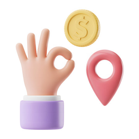 Hand with gold coin and map pointer on white background. Vector illustration.の素材