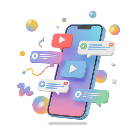Mobile phone with social media icons and speech bubbles. Vector illustration.の素材