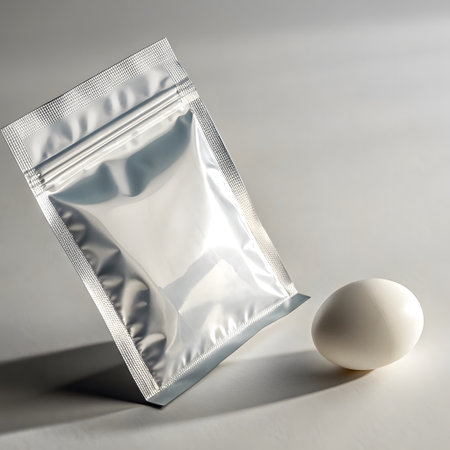 White egg in a plastic bag on a white background with a shadowの素材