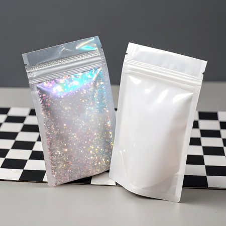 Two plastic zipper bags on a black and white checkered backgroundの素材